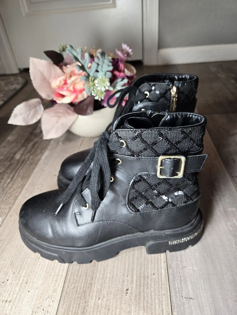 Jessica Simpson Big Girls Rosa Buckle Moto Boot Size 4 Black Quilted Sequins